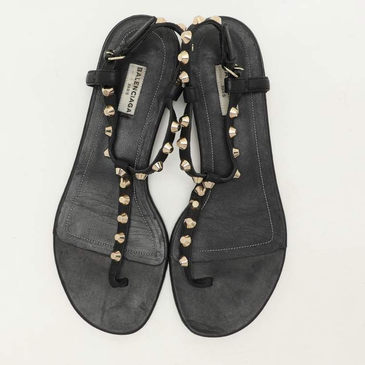 Pre Owned Balenciaga Black Leather Arena Flat Sandals Size 39