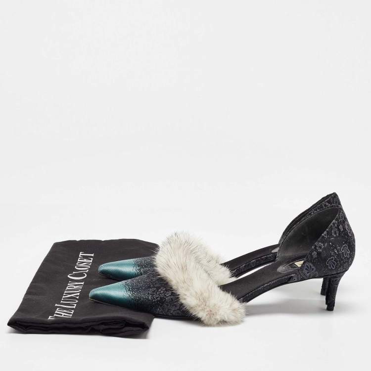 Pre Owned Balenciaga Multicolor Brocade Fabric and Mink Fur Pumps Size 40.5