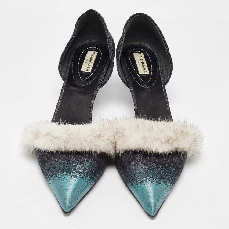 Pre Owned Balenciaga Multicolor Brocade Fabric and Mink Fur Pumps Size 40.5