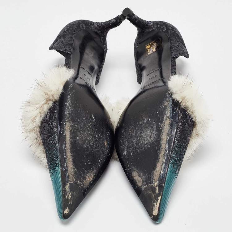 Pre Owned Balenciaga Multicolor Brocade Fabric and Mink Fur Pumps Size 40.5