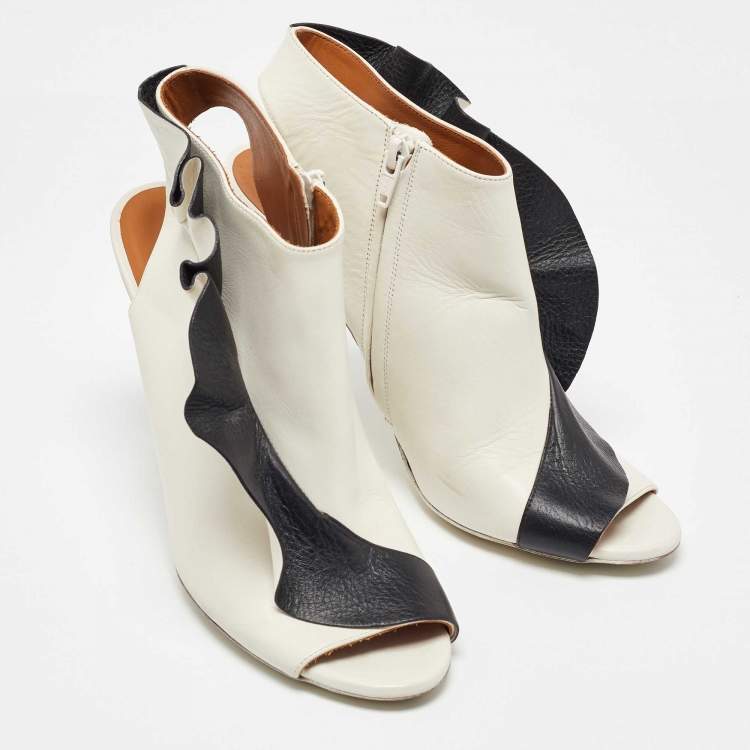 Pre Owned Balenciaga White/Black Leather Ruffle Trim Open Toe Ankle Length Boots Size 40.5