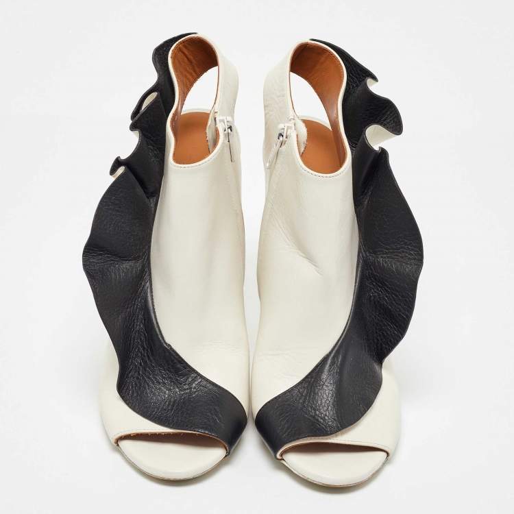Pre Owned Balenciaga White/Black Leather Ruffle Trim Open Toe Ankle Length Boots Size 40.5