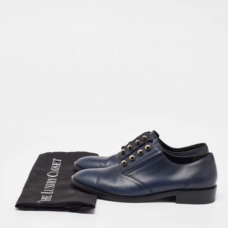 Pre Owned Balenciaga Navy Blue Leather Pierced Oxfords Size 41