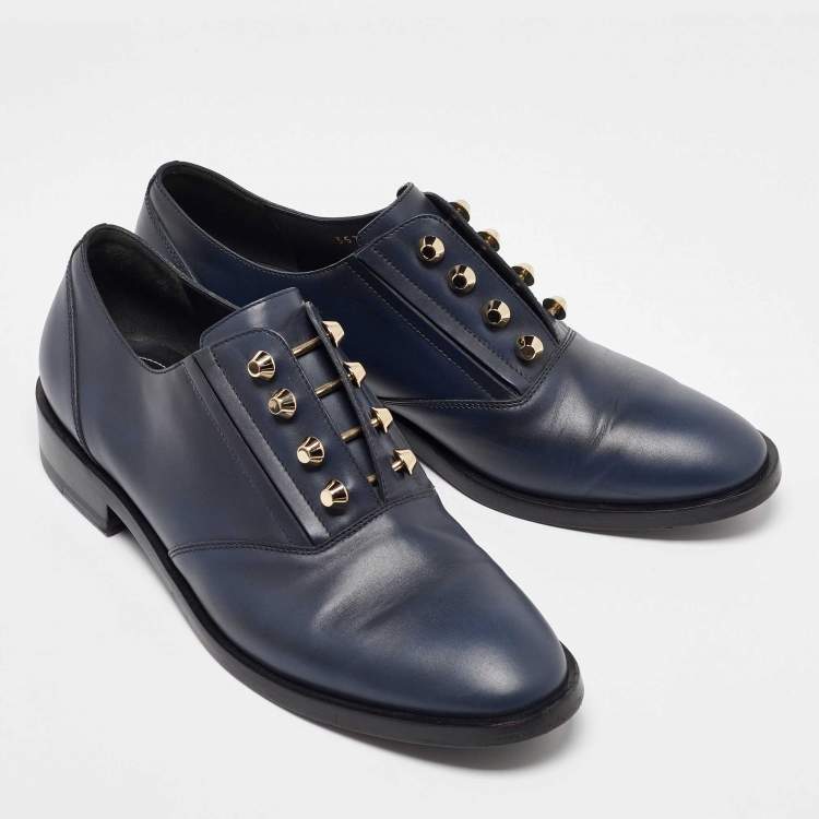 Pre Owned Balenciaga Navy Blue Leather Pierced Oxfords Size 41
