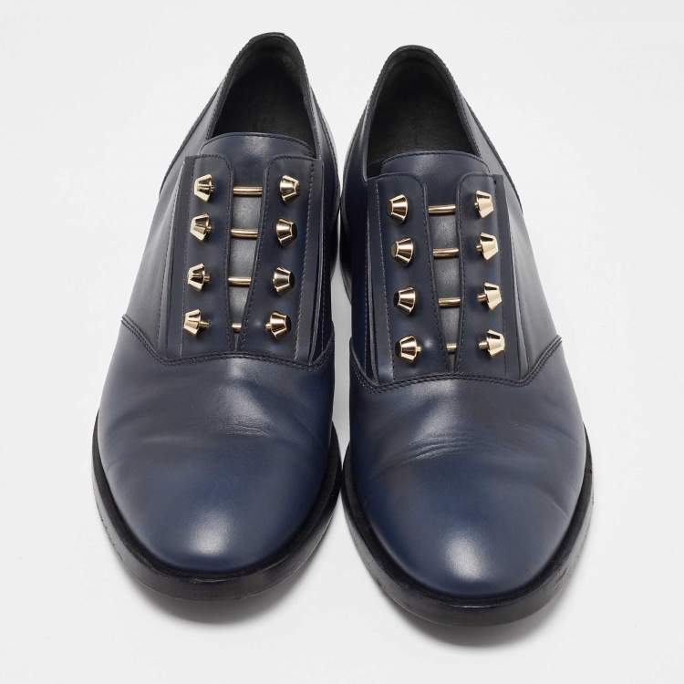 Pre Owned Balenciaga Navy Blue Leather Pierced Oxfords Size 41