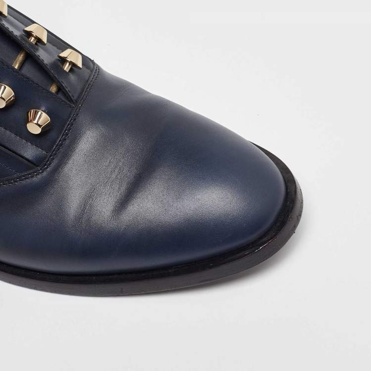 Pre Owned Balenciaga Navy Blue Leather Pierced Oxfords Size 41