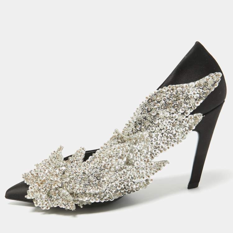 Pre Owned Balenciaga Black Satin Sequins Embellished Talon Slash Pumps Size 38