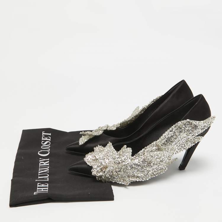 Pre Owned Balenciaga Black Satin Sequins Embellished Talon Slash Pumps Size 38
