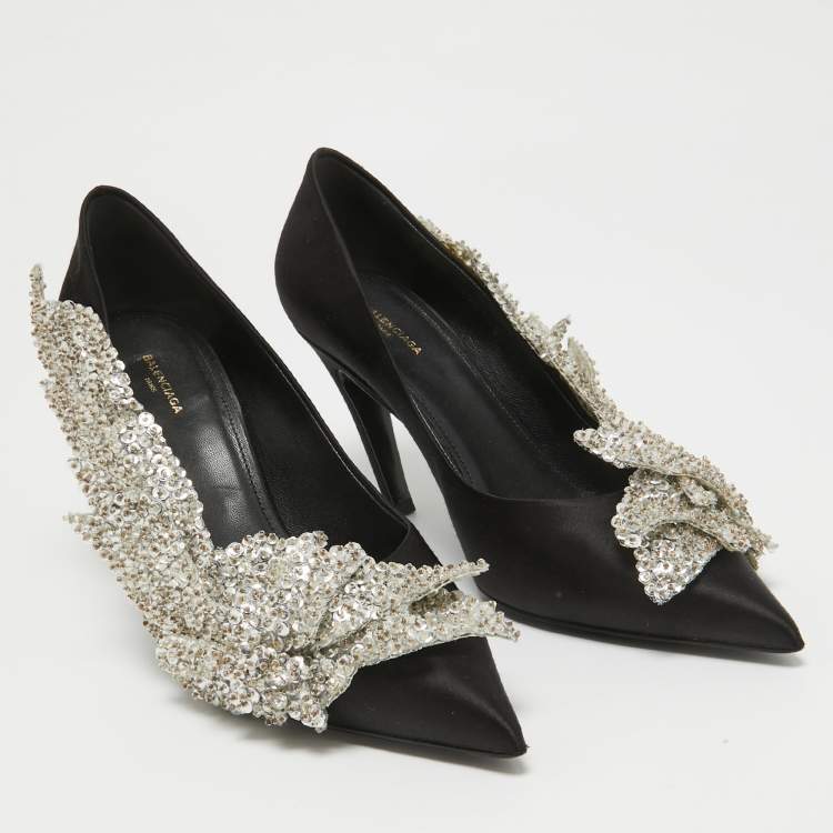 Pre Owned Balenciaga Black Satin Sequins Embellished Talon Slash Pumps Size 38