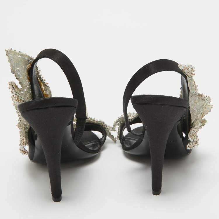 Pre Owned Balenciaga Black Satin Sequins Embellished Slingback Sandals Size 38.5
