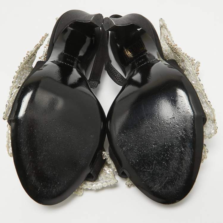 Pre Owned Balenciaga Black Satin Sequins Embellished Slingback Sandals Size 38.5