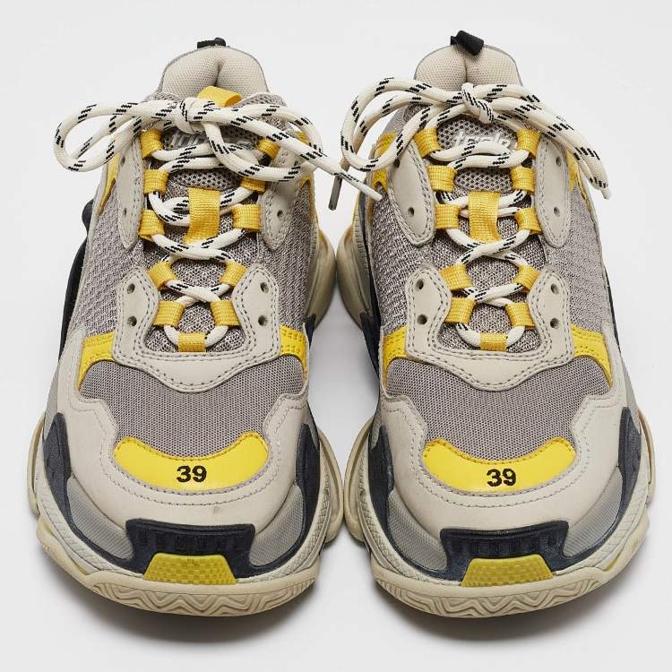 Pre Owned Balenciaga Grey/Yellow  Fabric and Faux Leather Triple S Lace Up Sneakers Size 39