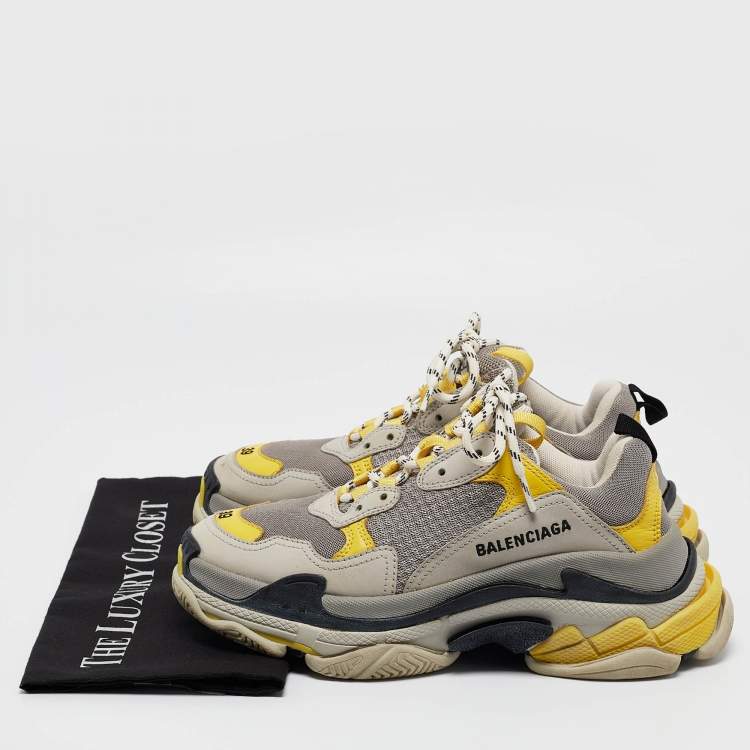 Pre Owned Balenciaga Grey/Yellow  Fabric and Faux Leather Triple S Lace Up Sneakers Size 39