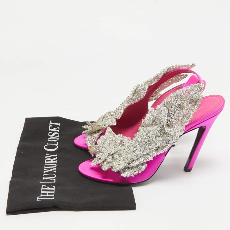 Pre Owned Balenciaga Pink Satin Embellished Slingback Sandals Size 38