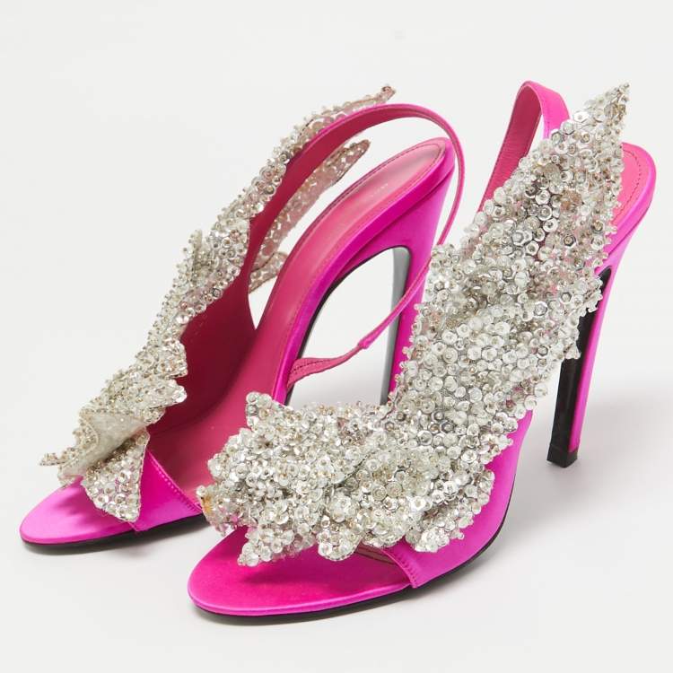 Pre Owned Balenciaga Pink Satin Embellished Slingback Sandals Size 38
