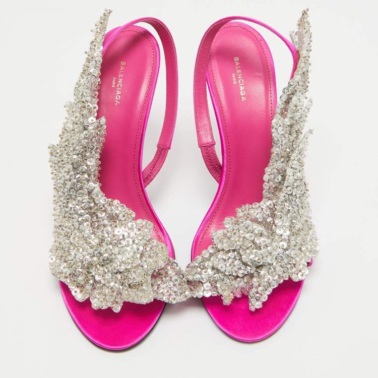 Pre Owned Balenciaga Pink Satin Embellished Slingback Sandals Size 38