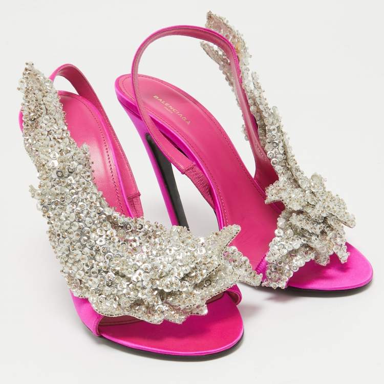Pre Owned Balenciaga Pink Satin Embellished Slingback Sandals Size 38