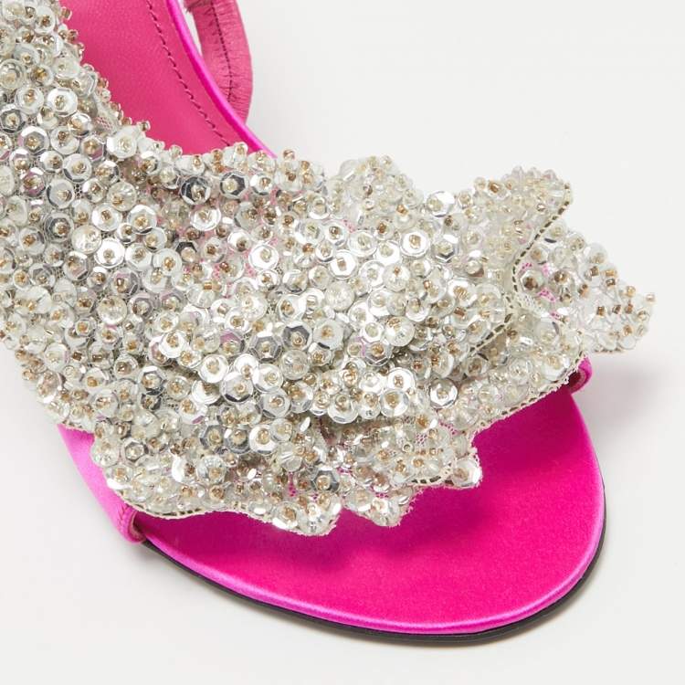 Pre Owned Balenciaga Pink Satin Embellished Slingback Sandals Size 38