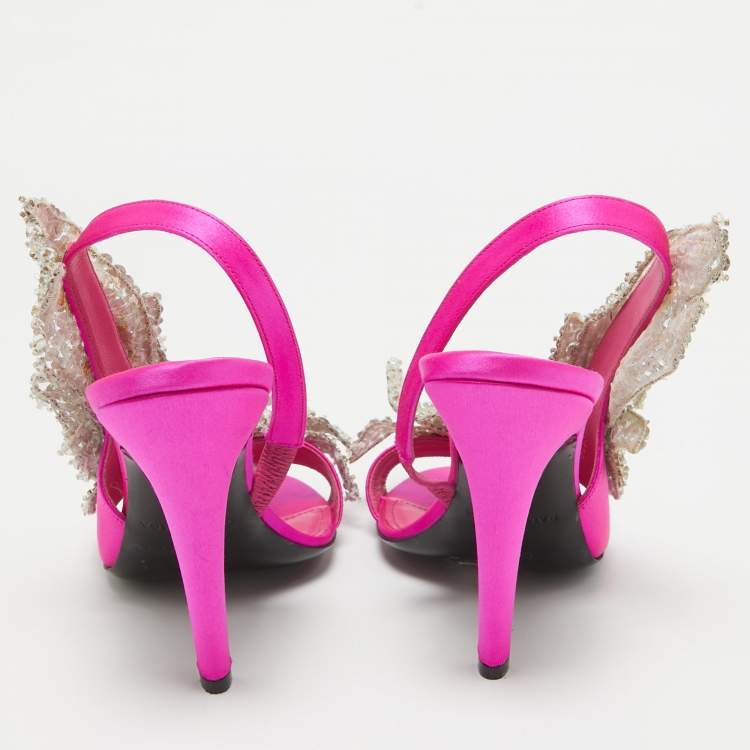 Pre Owned Balenciaga Pink Satin Embellished Slingback Sandals Size 38