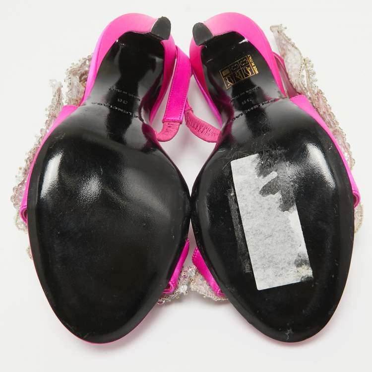 Pre Owned Balenciaga Pink Satin Embellished Slingback Sandals Size 38