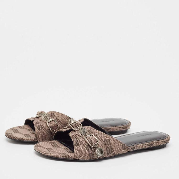 Pre Owned Balenciaga Brown BB Print Canvas Cagole Flat Slides Size 38 