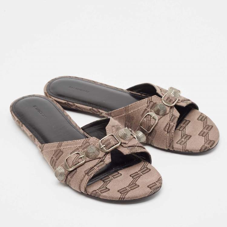 Pre Owned Balenciaga Brown BB Print Canvas Cagole Flat Slides Size 38 