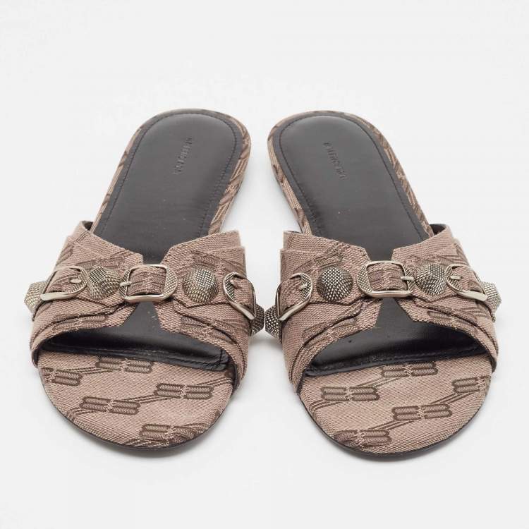 Pre Owned Balenciaga Brown BB Print Canvas Cagole Flat Slides Size 38 