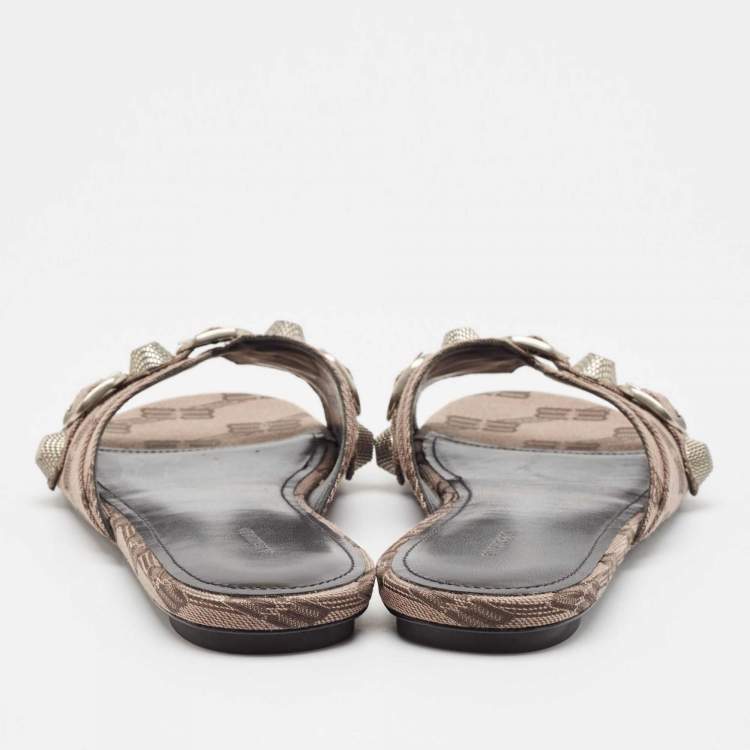 Pre Owned Balenciaga Brown BB Print Canvas Cagole Flat Slides Size 38 