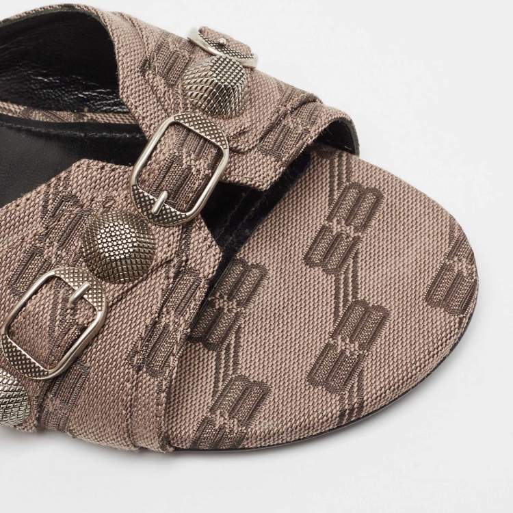 Pre Owned Balenciaga Brown BB Print Canvas Cagole Flat Slides Size 38 