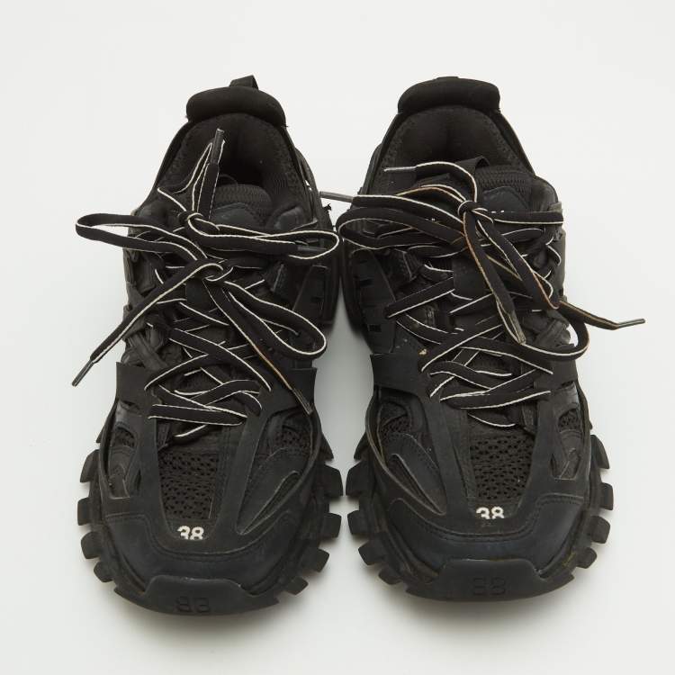 مملوكة مسبقًا Balenciaga Black Faux Leather and Mesh Track Sneakers Size 38