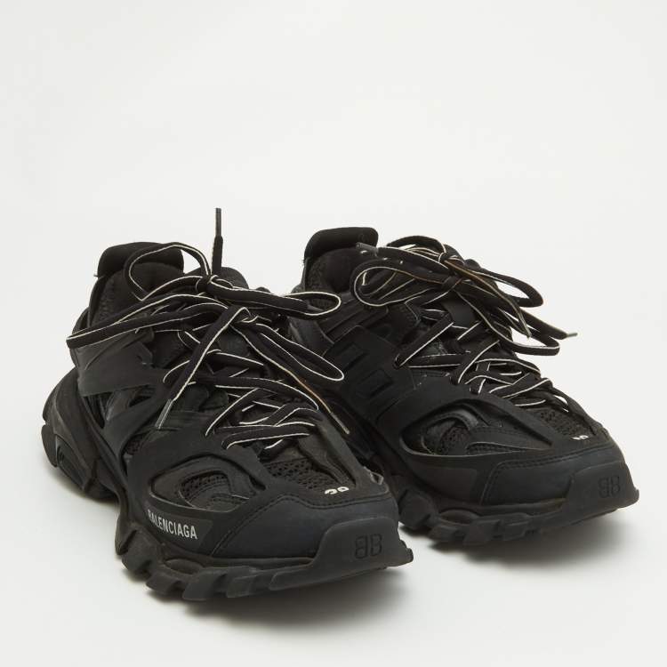 مملوكة مسبقًا Balenciaga Black Faux Leather and Mesh Track Sneakers Size 38
