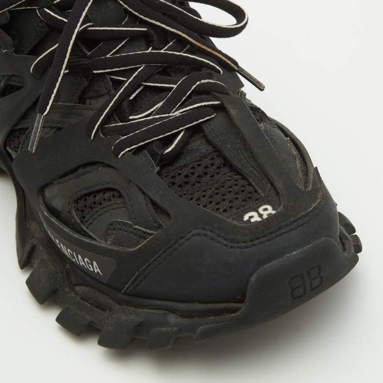 مملوكة مسبقًا Balenciaga Black Faux Leather and Mesh Track Sneakers Size 38