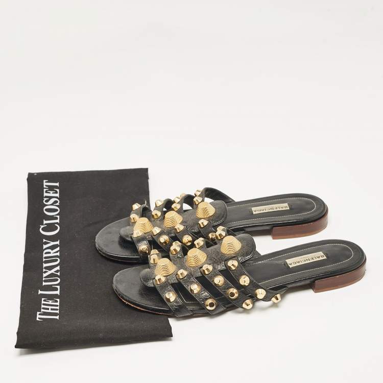 Pre Owned Balenciaga Black Leather Studded Arena Flat Slides Size 39