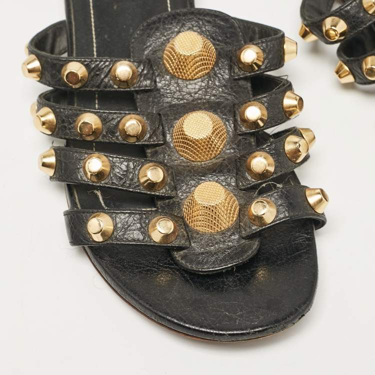 Pre Owned Balenciaga Black Leather Studded Arena Flat Slides Size 39