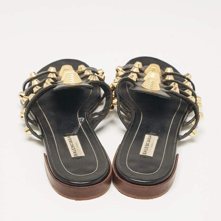 Pre Owned Balenciaga Black Leather Studded Arena Flat Slides Size 39
