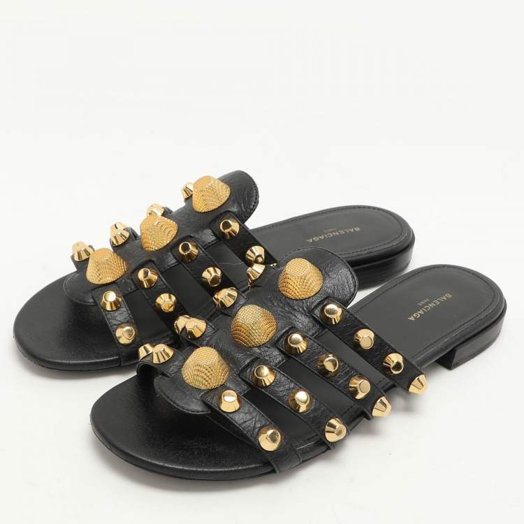 Pre Owned Balenciaga Black Leather Arena Flats Size 37