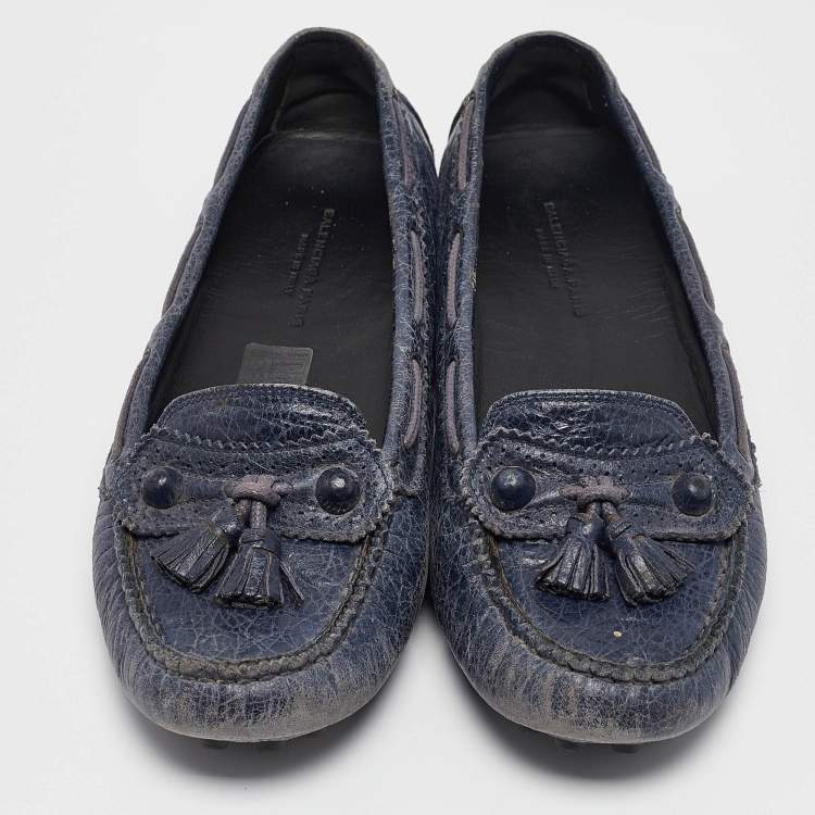 Pre Owned Balenciaga Navy Blue Leather Arena Loafers Size 39