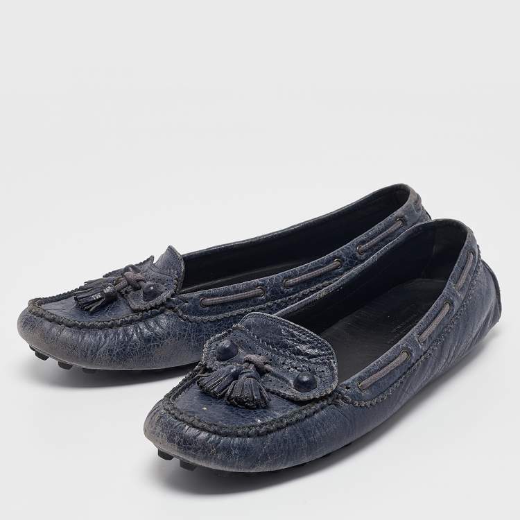 Pre Owned Balenciaga Navy Blue Leather Arena Loafers Size 39