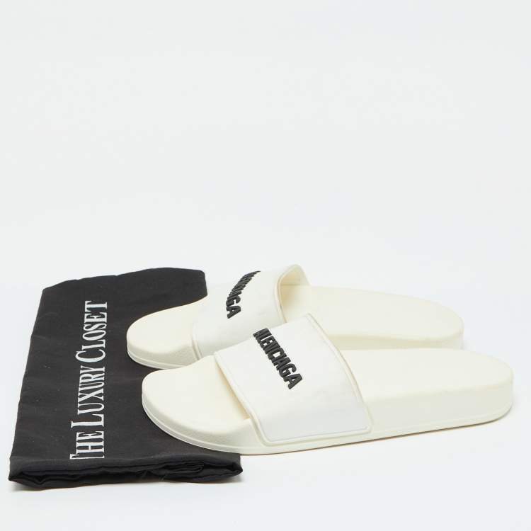 Pre Owned Balenciaga White Rubber Logo Pool Slides Size 37