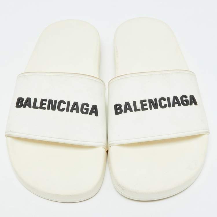 Pre Owned Balenciaga White Rubber Logo Pool Slides Size 37