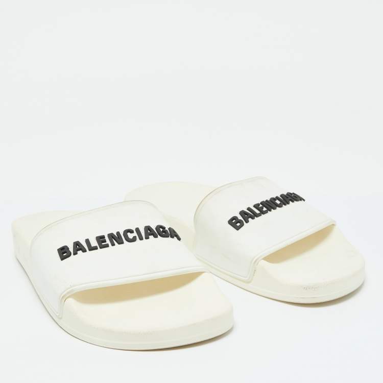 Pre Owned Balenciaga White Rubber Logo Pool Slides Size 37