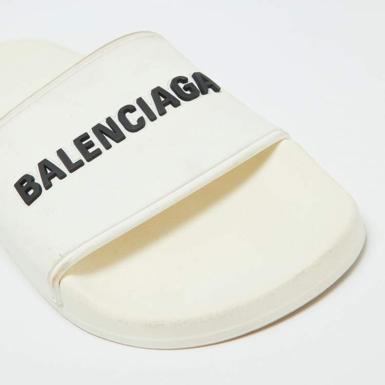 Pre Owned Balenciaga White Rubber Logo Pool Slides Size 37