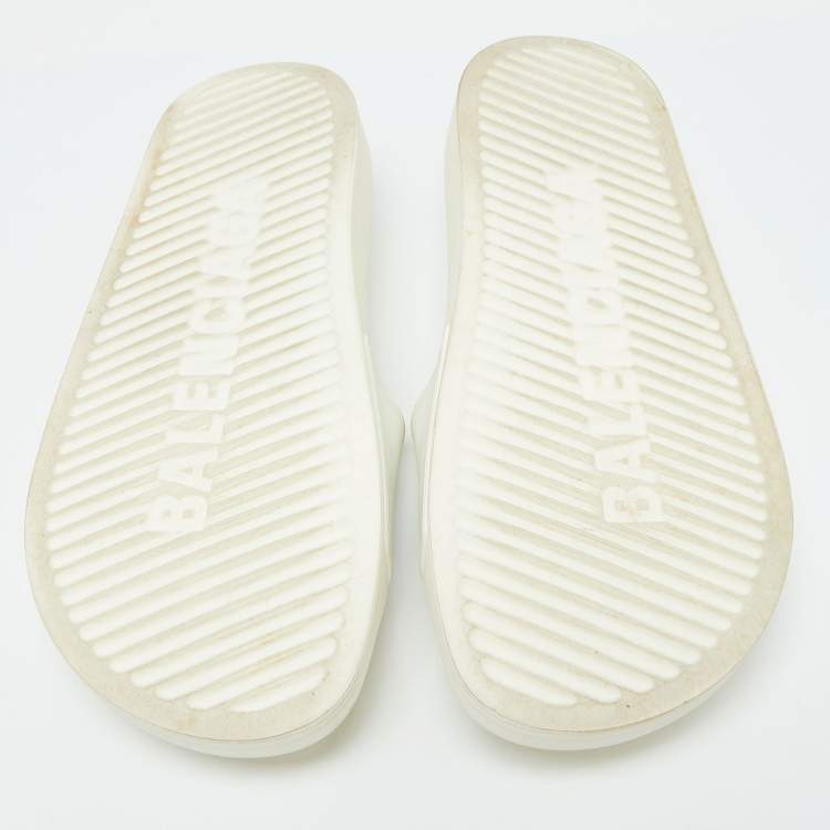 Pre Owned Balenciaga White Rubber Logo Pool Slides Size 37