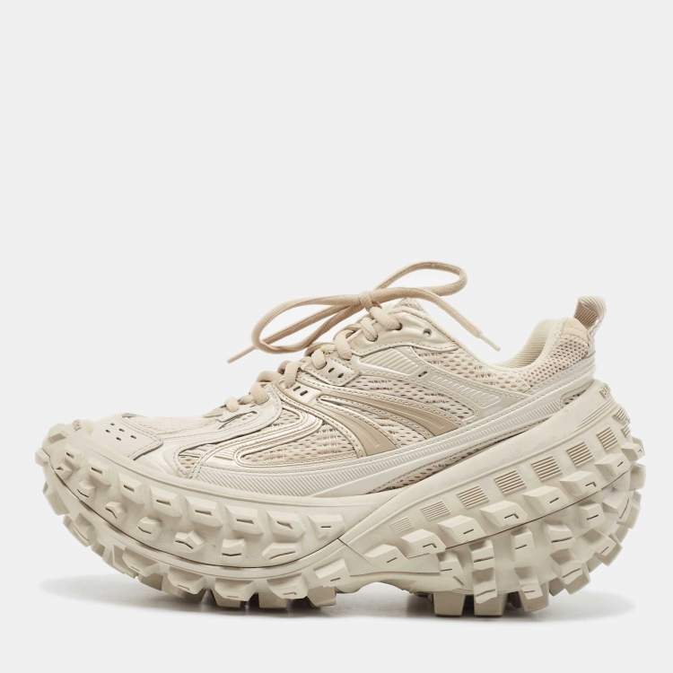 Pre Owned Balenciaga Beige Faux Leather and Mesh Defender Sneakers Size 38