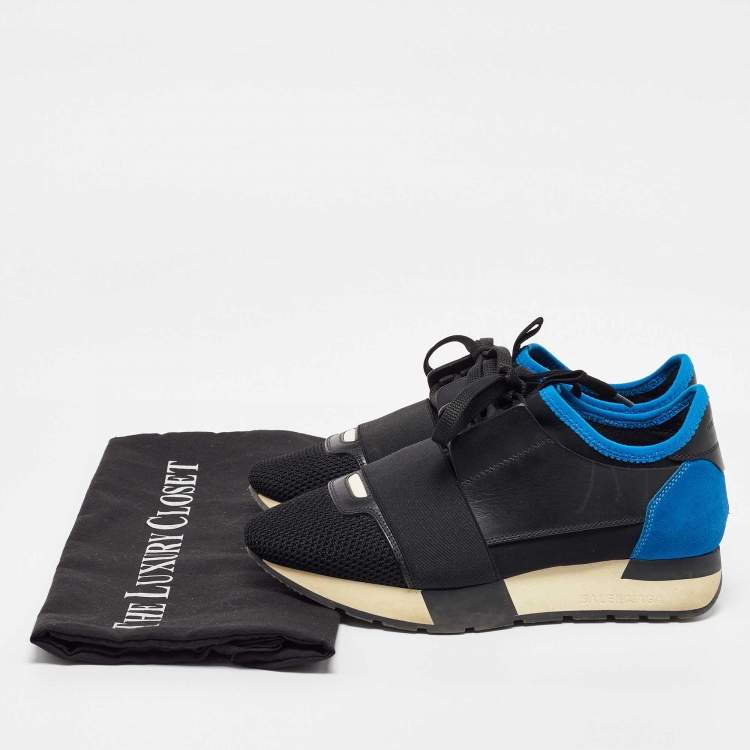 Pre Owned Balenciaga Black/Blue Mesh and Leather Race Runner Sneakers Size 35