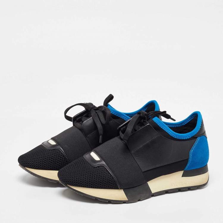 Pre Owned Balenciaga Black/Blue Mesh and Leather Race Runner Sneakers Size 35