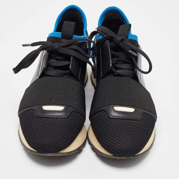Pre Owned Balenciaga Black/Blue Mesh and Leather Race Runner Sneakers Size 35