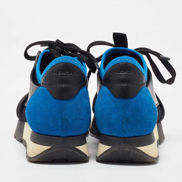 Pre Owned Balenciaga Black/Blue Mesh and Leather Race Runner Sneakers Size 35