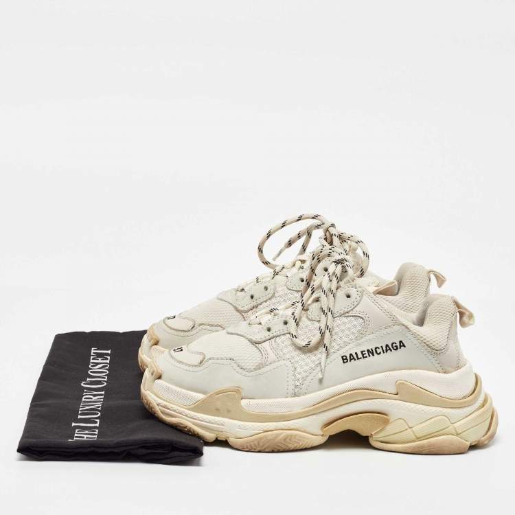 Pre Owned Balenciaga White/Grey Faux Leather and Mesh Triple S Sneakers Size 37
