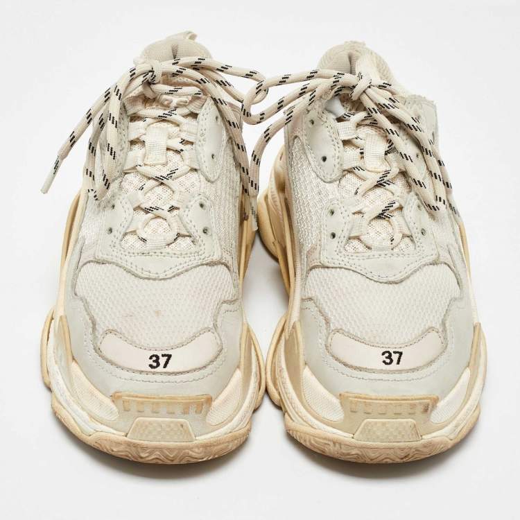 Pre Owned Balenciaga White/Grey Faux Leather and Mesh Triple S Sneakers Size 37